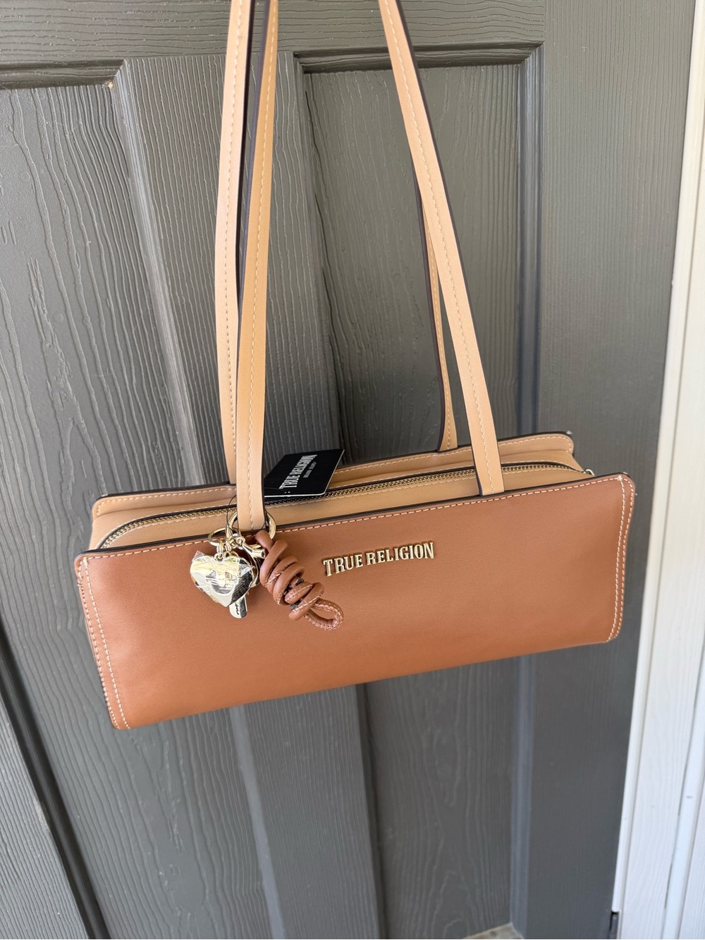 True Religion East/West Satchel Bag in cognac.